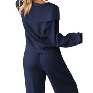 ชุดลำลองสีน้ำเงินกรมท่าขายาวสำหรับผู้หญิง เสื้อสเวตเชิ้ตคอปกพับ กางเกงขายาวทรงตรง ชุดเซ็ทสองชิ้น ผู้จัดจำหน่ายชุดวอร์ม - Product Image 2