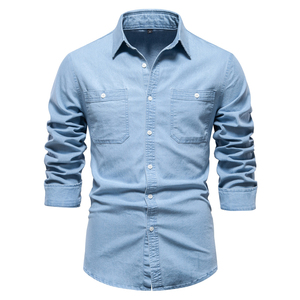 Camisas de hombre con logotipo personalizado camisas de manga corta de doble botonadura de color sólido para hombres y mujeres camisa de mezclilla casual OEM - Product Image 1