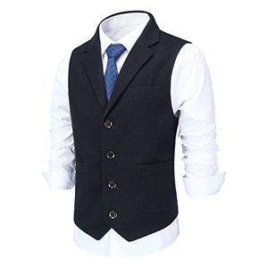 Chaleco de Traje para Hombre, Cuello Camisero, Lana, Poliéster/Algodón, Corte Regular, Transpirable, Otoño, Retro, Negocios, Boda, Azul Oscuro - Product Image 1