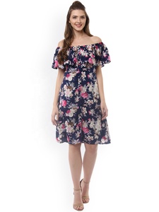 Breathable Ruffled High Quality Women's Viscose Floral Print Off-Shoulder Casual Fit and Flare <b>Summer</b> Mid-Calf <b>Dress</b> - Product Image 4
