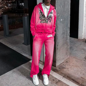 Ensemble survêtement homme streetwear délavé à l'acide avec strass, sweat à capuche zippé et pantalon de survêtement, fabriqué sur mesure - Product Image 3