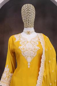 Chinon seda corte recto Kurta Palazzo conjunto con bordado trabajo indio y pakistaní Salwar Kameez ropa para fiesta - Product Image 2