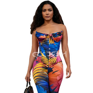 Tropical Leaves Print Overbust Slimming Corset Two Piece Set with Matching Stretchable Breathable Legging Outer Door wear Outfit - Product Image 3