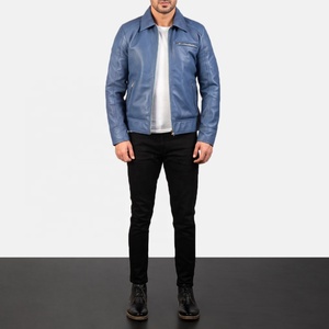 Blouson aviateur en cuir pour homme en bleu ciel Blouson en cuir de mouton personnalisé pour homme Blouson en cuir matelassé pour homme - Product Image 6