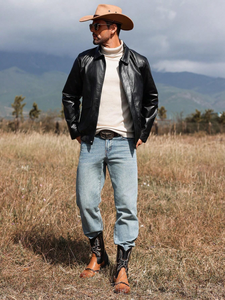 Custom Men's Retro <b>Winter</b> Biker <b>Jacket</b> Vintage Wash Genuine Calf Skin <b>Leather</b> Oversized Slim Fit Lapel Collar Autumn Season - Product Image 5
