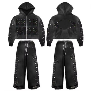 Ensemble survêtement homme personnalisé, coupe évasée, effet délavé à l'acide, broderie streetwear, avec sweat à capuche et pantalon de survêtement court orné de strass - Product Image 2