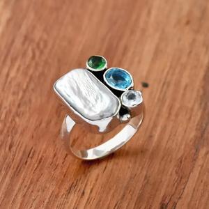 แหวนประดับมุกน้ำจืดสีเงินหลากสีบุษราคัมโอนิกซ์ปรับได้ของขวัญแต่งงานโบฮีเมียนสำหรับเธอ - Product Image 4