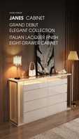 Commode à huit tiroirs brillante, meuble de rangement moderne en bois pour maquillage avec verre trempé