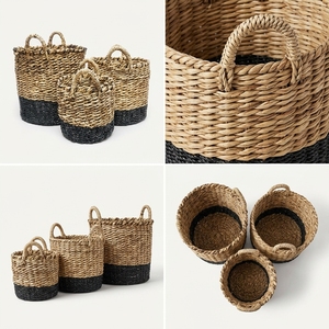 Natural Banana Bark Recycled <b>Plastic</b> Storage <b>Basket</b> Set Black Dipped Bottom Arch Handle Pot Planter Organizer Setup Pure Art - Product Image 3