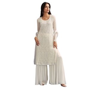 Traje Sharara paquistaní blanco con bordado de lentejuelas y Dupatta para invitados de boda Mujeres Ropa de fiesta tradicional india - Product Image 2