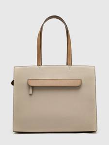 Beige Leather Vintage Tote Bag Women Large Shoulder Purse Work Satchel Tan Trim Laptop Handbag Office Professional Carryall - Product Image 4