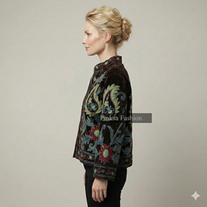 Veste Suzani en velours de coton tricoté à la main |   Manteau d'automne/hiver bohème pour femmes |   Broderie à motifs floraux écologiques - Product Image 4