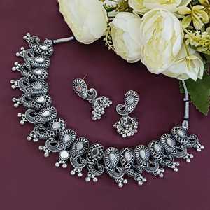 Indian Jewelry Manufacturer <b>Crystal</b> Glass Stone Antique Boho Oxidized Choker <b>Necklace</b> for Women Fashion Jewelry <b>Silver</b> Tone Set - Product Image 2