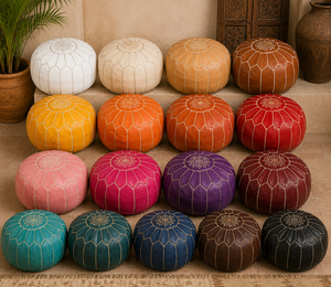 Handmade Customizable Solid Embroidered Genuine <b>Leather</b> Pouf Cushion <b>Cover</b> Modern Luxury Stitched Design Invisible Zipper - Product Image 1