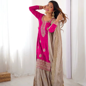 Ensemble Sharara en soie Chinon en gros avec broderie lourde de sequins et de perles, costume prêt-à-porter 3 pièces pour femmes, idéal pour les fêtes - Product Image 1