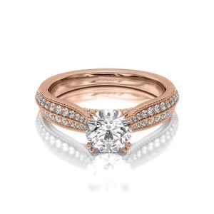 Dual Pave Ring 1 Ct Round Brilliant Lab Grown Diamond F-SI2 Pave Setting 14K Solid Gold Engagement Style For <b>Jewellery</b> Making - Product Image 3
