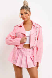 Custom Premium <b>Pink</b> Cropped Lapel Collar <b>Denim</b> <b>Jacket</b> Adjustable Belt Zip Fastening Designed For Women For All Seasons Comfort - Product Image 4