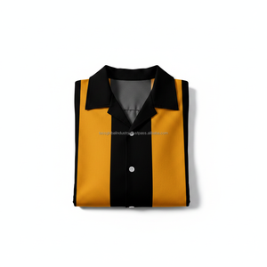 เสื้อเชิ้ตชายหาดสีดำมัสตาร์ดโกลด์ คอปกคิวบา ระบายอากาศได้ดี สไตล์เรโทร เสื้อเชิ้ตติดกระดุมสำหรับผู้ชาย - Product Image 6