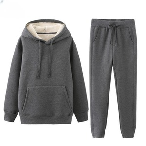 Conjunto cálido de invierno de dos piezas de lana con capucha, pantalones de suéter de longitud larga con patrón sólido, acolchado, grueso, ajuste holgado, estilo dulce - Product Image 3