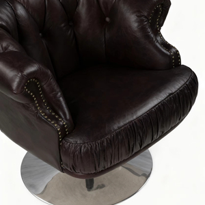Fauteuil pivotant Chesterfield en cuir de baril - Cuir véritable de luxe, design vintage pour chambre à coucher, appartement, extérieur, hôtel - Product Image 1