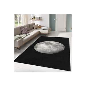 Alfombra de gamuza y poliéster con estampado de luna llena negra con patrones rectangulares de rayas abstractas para uso en el dormitorio para adolescentes - Product Image 1