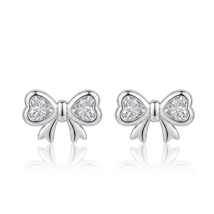 Lilaba Enterprise 18K White Gold Bow <b>Earrings</b> With Heart Cut Diamonds Women's <b>Cute</b> Everyday Wear Jewelry - Product Image 3