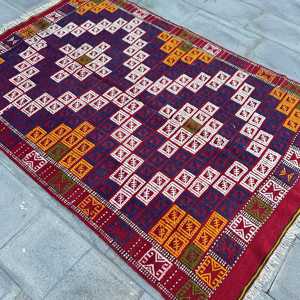 พรมคิลิมวินเทจขนาด 5x7.1 ฟุต สีแดง พรมขนสัตว์เปอร์เซียตุรกี - Product Image 2