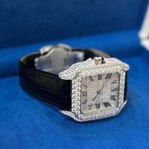 Montre mécanique élégante à cadran romain semi-glacé en diamant Moissanite Montres mécaniques de luxe à bracelet en cuir noir de qualité supérieure de style Hip Hop - Product Image 6