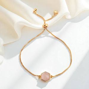 Hot Selling Classic Gold Hexagon Rose Quartz Birthstone <b>Charm</b> Connector Link Chain <b>Bracelet</b> for Parties Gifts for Bulk Jewelry - Product Image 1