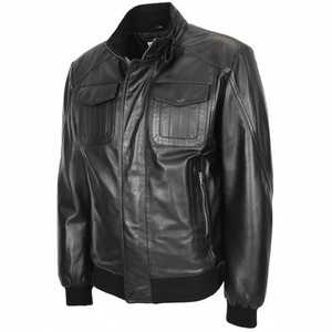 Chaqueta Bomber de Cuero Genuino Negra para Hombre, Cuello Alto, Estilo Motociclista, Forro Acolchado Cálido, Ropa de Abrigo de Invierno, Cierre de Cremallera Informal - Product Image 5