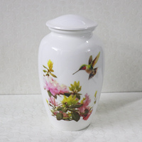 Vase funéraire en aluminium métallique violet avec motif colibri et fleurs, forme ronde, pour décoration intérieure