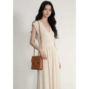 Vestido Midi de Punto Acanalado Informal con Cuello Redondo y Manga Corta para Mujer, Estilo Simple y Elegante para Uso Diario, Precio al por Mayor - Product Image 1