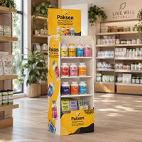 Présentoir de sol multi-niveaux en carton jaune imprimé sur mesure pour produits de santé, suppléments vitaminiques et bonbons gélifiés (POP Rack)
