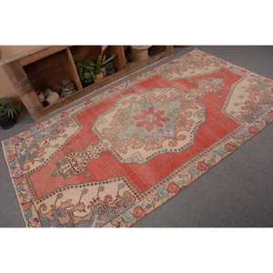 Tapis Vintage Turc Rouge Beige 4.5 X 8.2ft Large Surface Laine Patchwork Design pour Couloir ou Chambre à coucher Latex Backed - Product Image 5