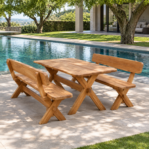Ensemble table et bancs de pique-nique en teck avec dossiers pour jardin extérieur, patio, bord de piscine, complexe hôtelier et restaurant - Product Image 2