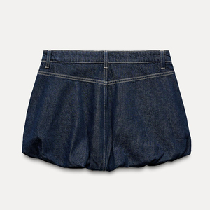 High Quality Mid Rise <b>Balloon</b> Hemline Mini Denim <b>Balloon</b> Skirt Fashionable Contrasting Seam Detail Denim Mini Skirts for Women - Product Image 5