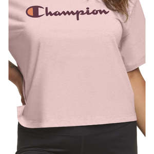 T-shirt da donna Champion aderente con logo, in jersey di cotone rosa, taglie XXS XS XL, lunghezza corta, traspirante con inserti in mesh e scritta - Product Image 3