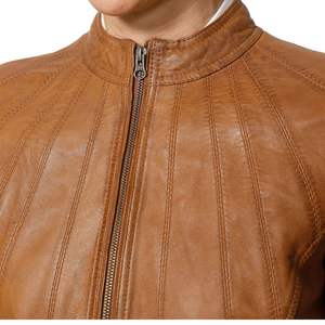Veste matelassée confortable pour femmes de marque célèbre dames en cuir véritable avec col montant marron fermeture éclair tissé respirant - Product Image 6