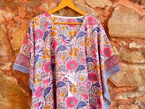 ชุดคลุมอาบน้ำแบบ caftan สั้นผ้าฝ้ายทำมือพิมพ์ลายใบไม้กุหลาบชุดคลุมเอวธรรมชาติชุดนอนชายหาดซักได้ - Product Image 4