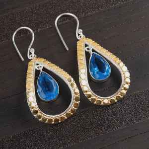 ต่างหูบลูโทแพซทำมือ ชุบทอง เงินสเตอร์ลิง ของขวัญสุดหรูสำหรับผู้หญิง ดีไซน์โบโฮ ประจำเดือนธันวาคม - Product Image 1