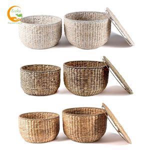 Mesa decorativa de almacenamiento de Jacinto Natural personalizada con diseño de reloj de arena, tapa tejida a mano para decoración de sala de estar - Product Image 3