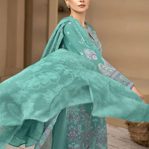 Vestido de algodón Premium de 3 piezas para mujer Botón de encaje decorado con diamantes Lentejuelas Último diseño disponible en cantidad a granel - Product Image 4