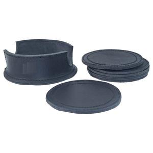 Real Leather <b>Black</b> <b>coaster</b> Set with Holder - Product Image 3