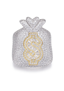 Anillo con Incrustaciones de Circonitas en Corte Baguette con Diseño de Signo de Dólar y Bolsa de Dinero, Chapado en Rodio y Oro de 14K con Piedra Principal de Moissanita para Fiestas y Regalos - Product Image 3