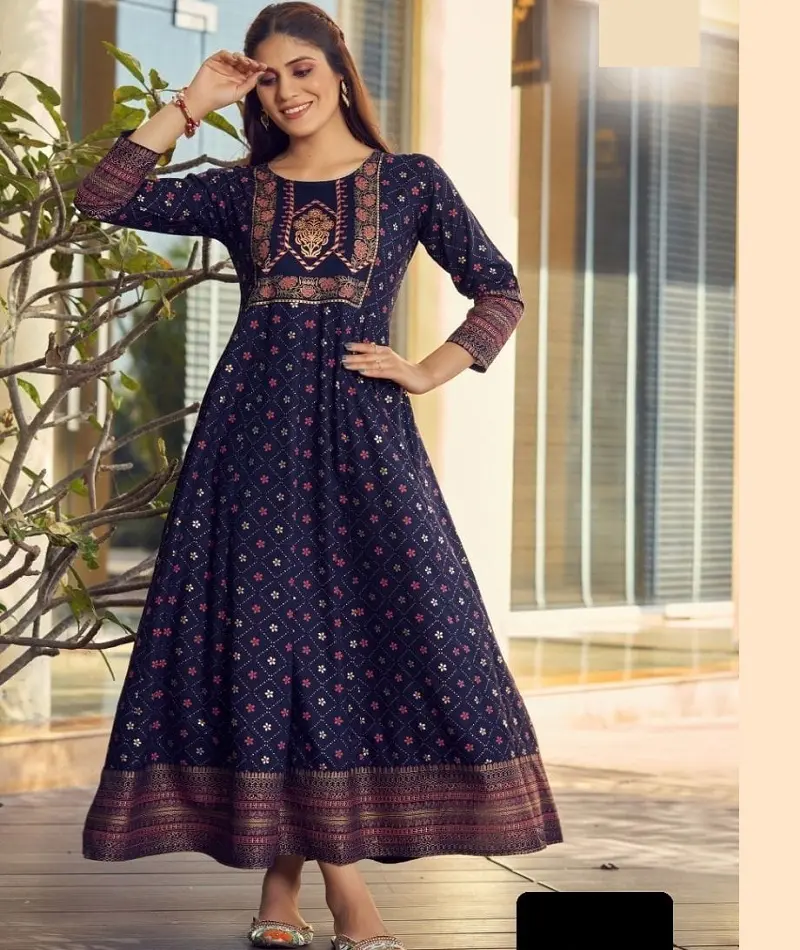 Indian and Pakistani Style Long Printed Gowns Style Rayon Kurtis for Casual Wear and Daily Wear Kurtis for women Wear Gowns