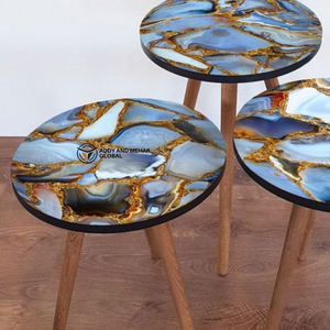 Luxury Blue Agate Pattern Resin Accent Side Table Handmade Round Nesting <b>Stool</b> with Wooden Legs <b>for</b> <b>Bedroom</b> & Hotel Decoration - Product Image 3