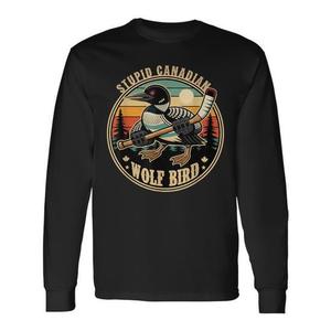 T-shirt vintage a maniche lunghe con stampa Heated Hookey Loon Mem, design con lupo canadese e uccello, stile retrò, t-shirt promozionale - Product Image 1