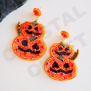 <b>Halloween</b> Pumpkin Duo Beaded <b>Earrings</b> for Women Patriotic Memorial Day Orange White Blue Colour Fabric Material - Product Image 1