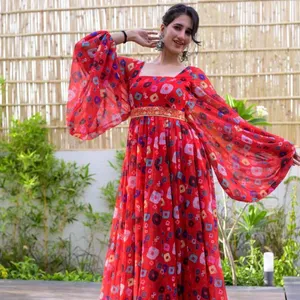 Fancy Punjabi Fancy Designer Suit Top Kain Gorgette Kerja Digital Print Inner. Crep Flair 5 Meter Canvas Pata Camer Belt