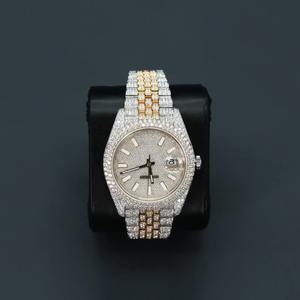 Reloj de Aleación con Diamantes Moissanite de Dos Tonos Unisex, Esfera de Cristal, Movimiento de Cuarzo, Reloj de Pulsera de Lujo con Cierre Plegable - Product Image 1